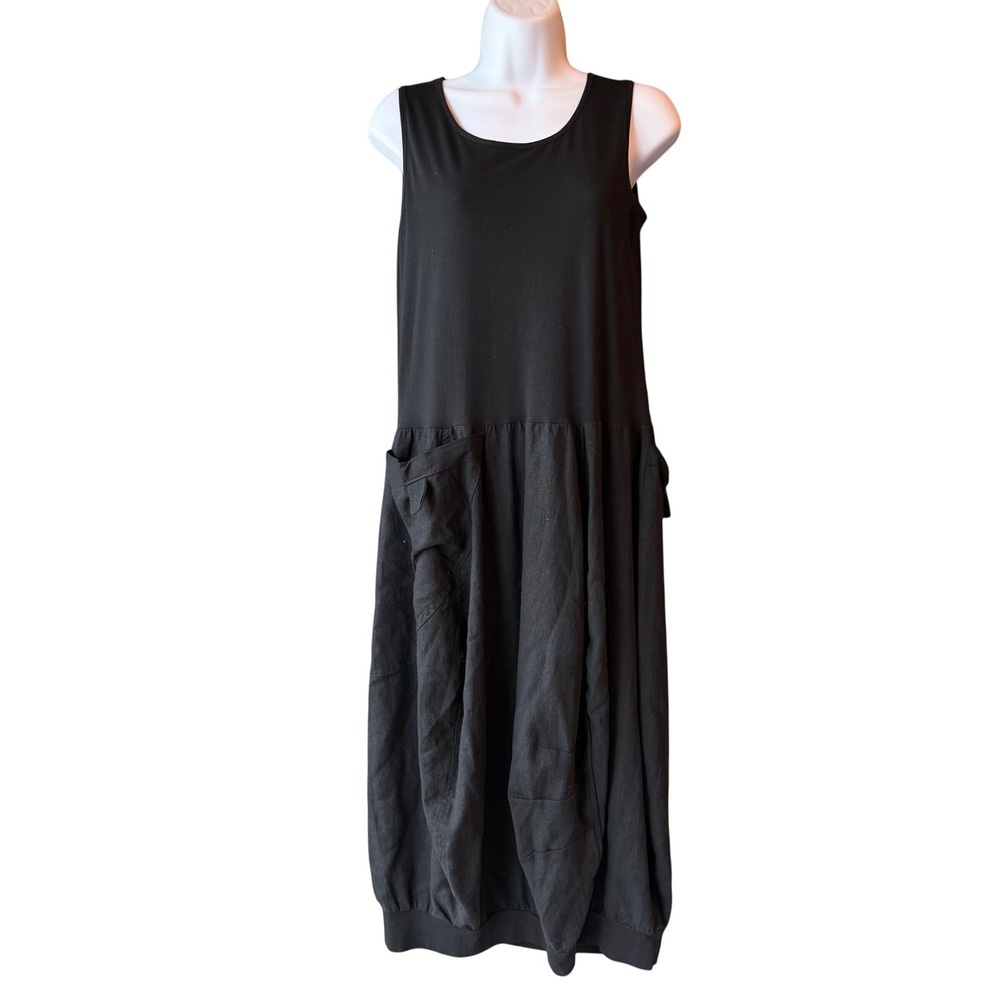 For Cynthia Dress Size Small Black Linen Blend Lagenlook Bubble Hem Pockets